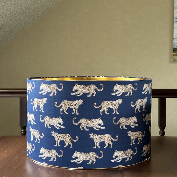 LEOPARD PARADE BLUE lined brushed gold lampshade