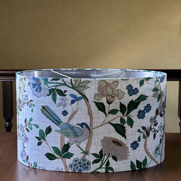 CHINOISERIE CHINTZ oval lined brushed silver lampshade