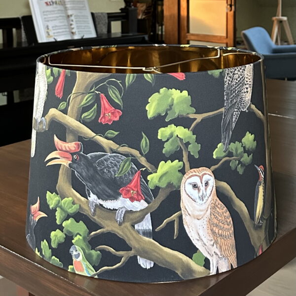 Tropical Forest Birds Lampshade – Black Fabric with Gold Lining